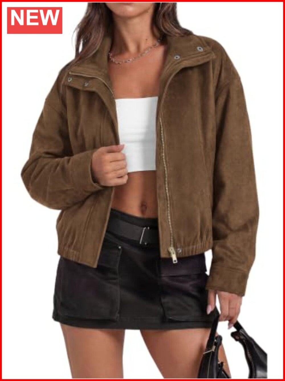 Faux Suede Bomber Jacket Women Zip Up Cropped Coat Streetwear Y2K